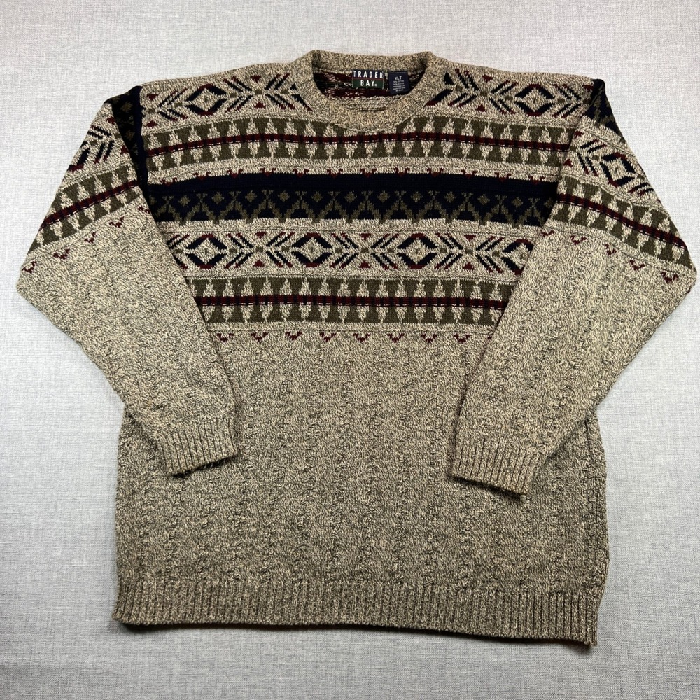 VTG 90s Trader Bay Fair Isle Knit Sweater Men XLT TALL Beige  Nordic Made in USA